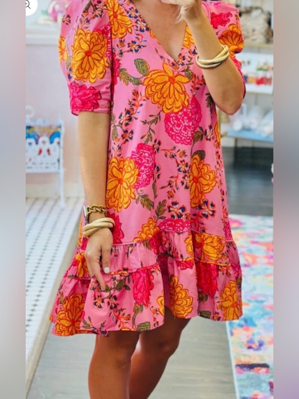 Pink and Orange Puff Sleeve Mini Sundress